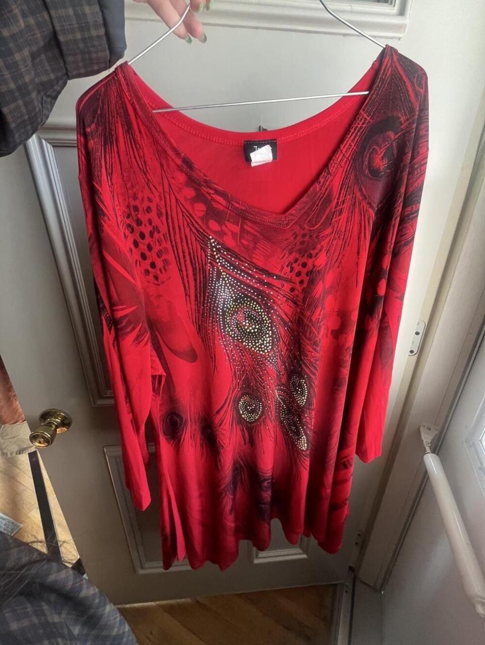 Jostar Red Rhinestone Peacock Tunic Top Made in USA XL